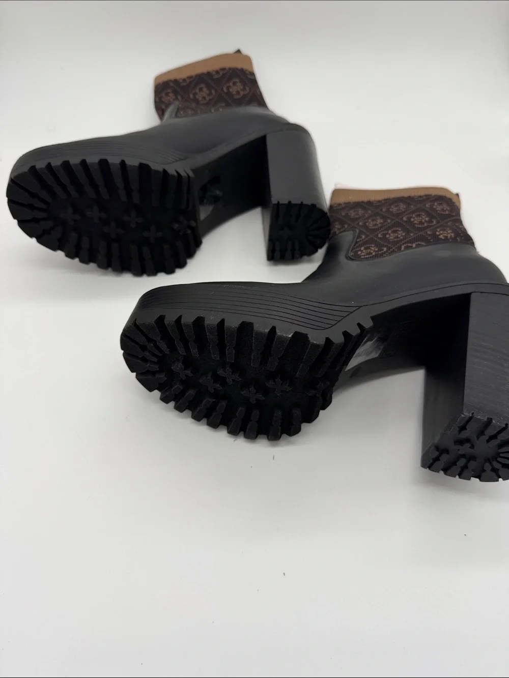 Guess Black Leather Chelsea Booties with Brown Monogram Knit Cuff